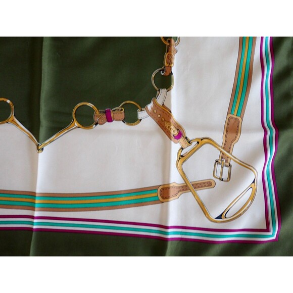 JP Collections Silky Green White Equestrian Scarf Made in Italy 31" Square Wrap - Picture 3 of 6
